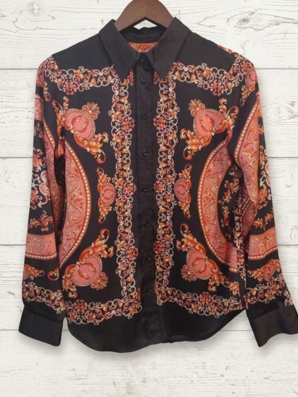 INC International Concepts Medallion Print Black & Orange Satin Blouse